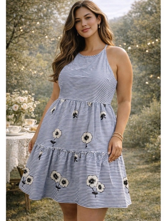 Eliza J Dresses & Skirts - Eliza J Blue Striped Floral Tiered Midi Dress